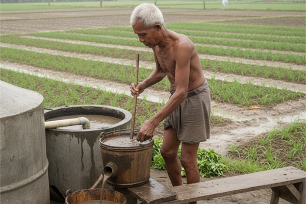 Bio slurry mix preparation using cow dung neem cake and organic inputs