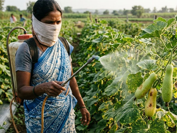Spraying pesticide on bottle gourd