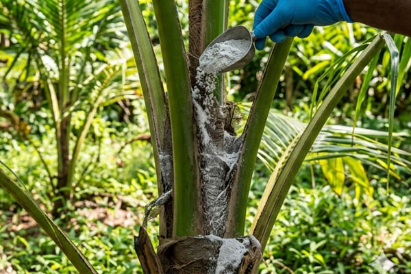 Applying mixture to coconut tree crown