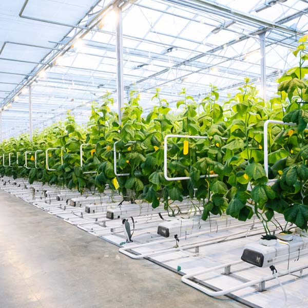 A high-tech commercial hydroponic greenhouse facility located in the Israeli desert.