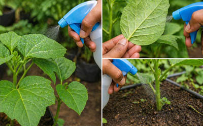 Spraying Saaf fungicide on vegetable plants