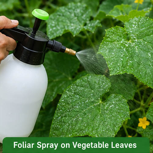 Spraying liquid fertilizer on vegetable plant leaves
