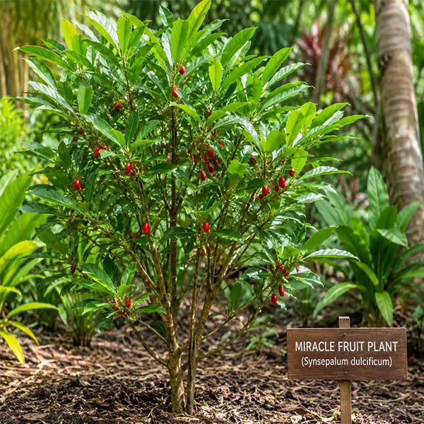 Miracle fruit plant growing in tropical garden