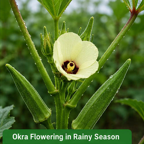Okra plant flowering during rainy season with proper fertilization