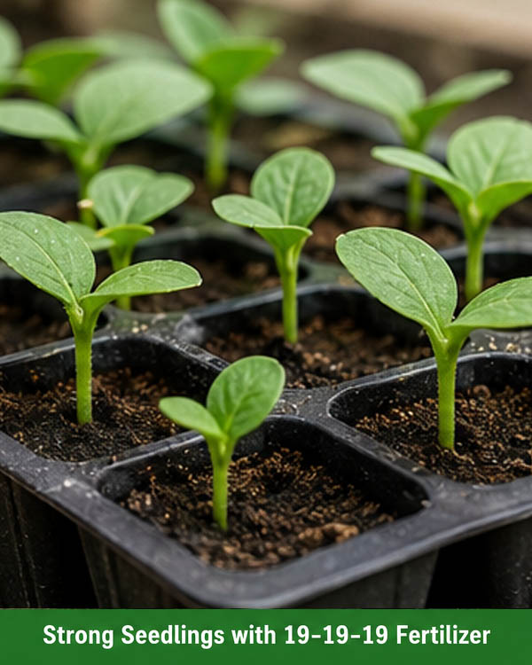Vegetable seedlings growing strong with 19-19-19 fertilizer