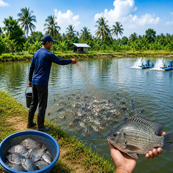Tilapia pond water quality and fish feed management