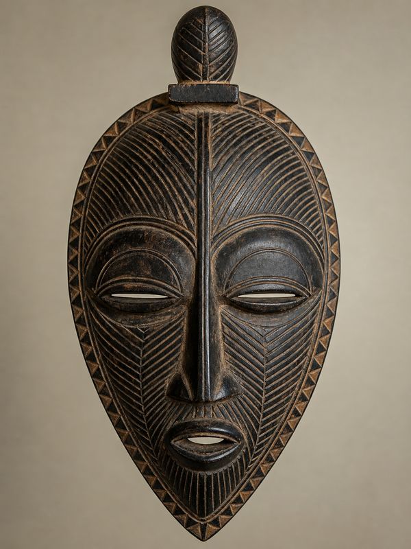Traditional African mask used in ceremonies showing leaf-like shape resembling the Alocasia amazonica plant