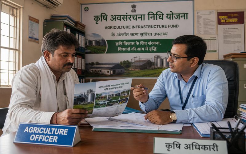 Indian farmer learning about Agriculture Infrastructure Fund government scheme