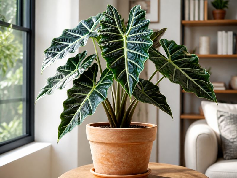 Alocasia amazonica Elephant Ear Plant with dark green leaves and white veins in a home setting