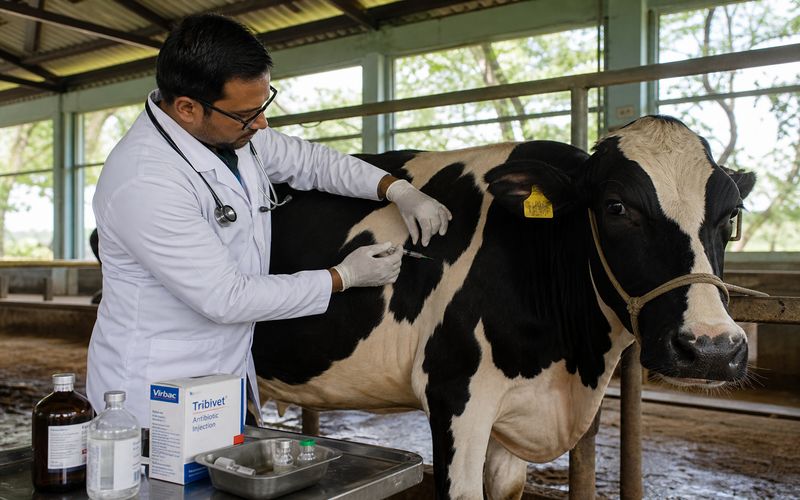 Veterinarian administering antibiotic injection to a dairy cow on a farm