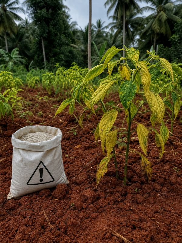 Iron-rich acidic Kerala soil showing crop stress risk from unsuitable micronutrient fertilizer
