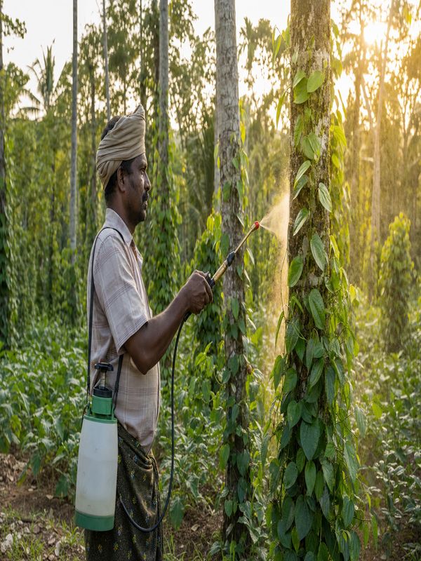 Farmer spraying Bacillus subtilis bio-agent solution on pepper plants in the evening for fungal infection control