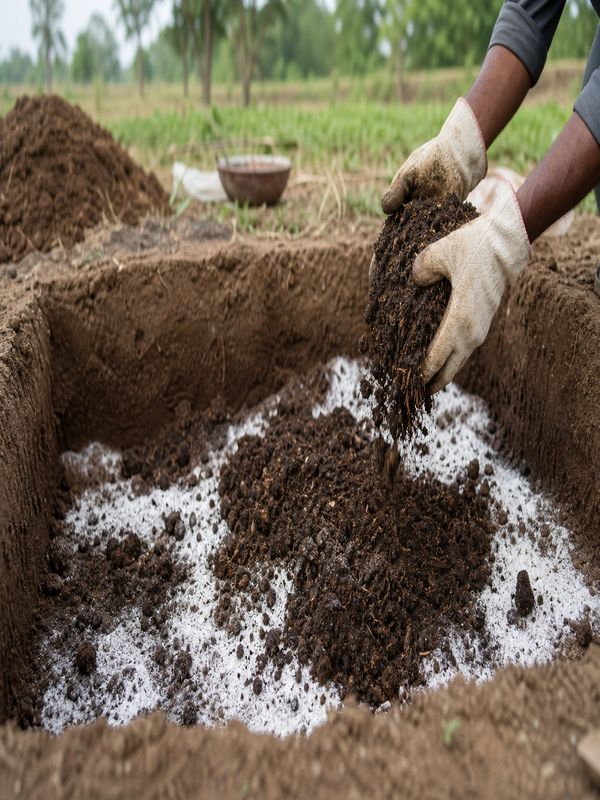 Farmer preparing a banana planting pit with lime and organic manure for tissue culture saplings
