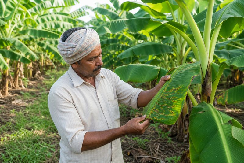 Banana plantation disease management showing healthy leaves and farmer inspecting banana plants for leaf disease