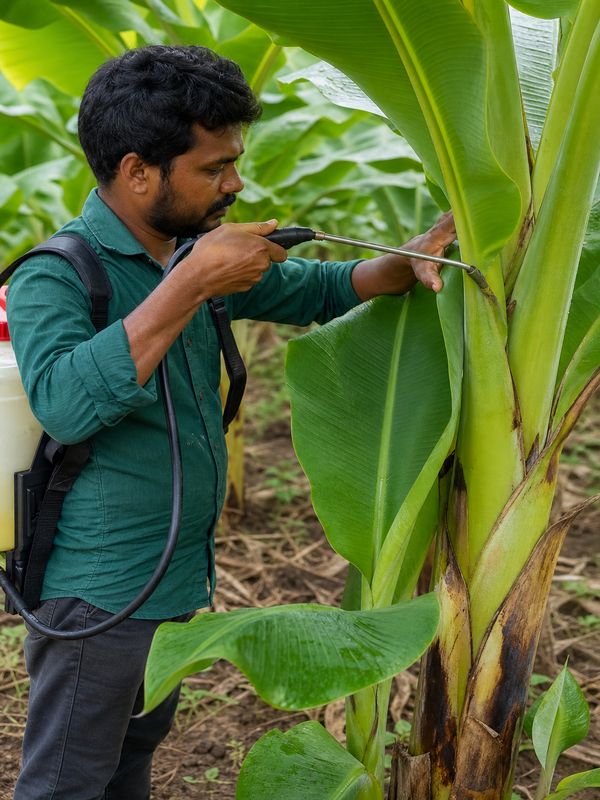 Backpack sprayer applying Metarhizium solution into banana leaf axils to prevent pseudostem borer attack