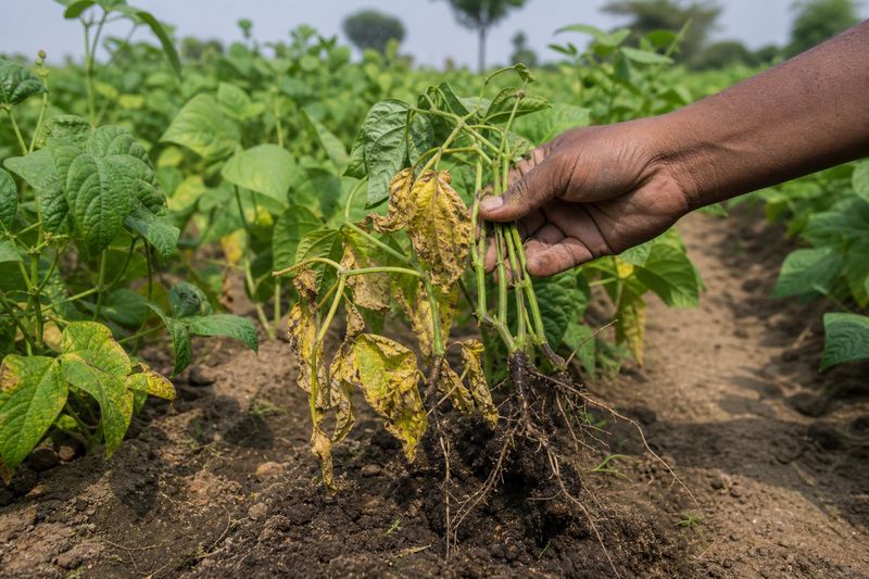 bean root rot disease showing blackened roots and wilting plants in vegetable field