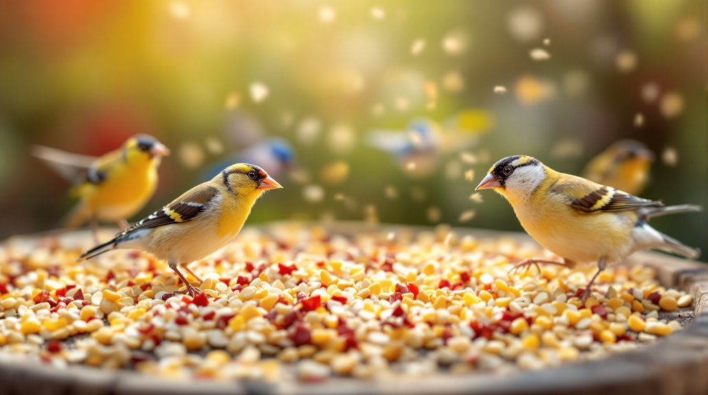 Small pet birds eating foxtail millet and mixed grains from a feeder