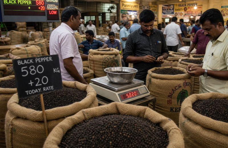 Black pepper sacks in a South Indian spice market as prices rise due to lower arrivals