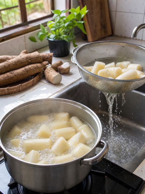 Cassava pieces soaked and boiled in a pot to help remove hydrocyanic acid poison before eating