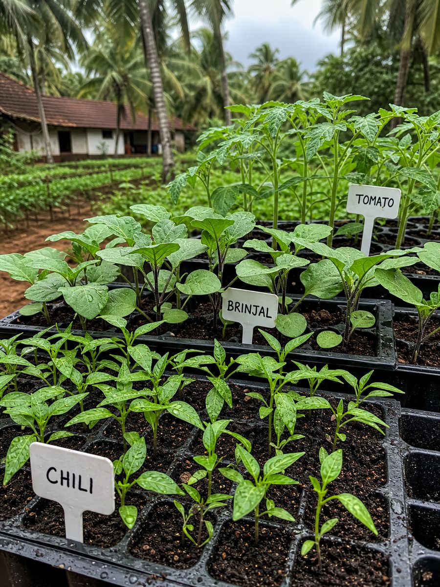 Healthy chili brinjal and tomato seedlings ready for Onam season vegetable farming in Kerala