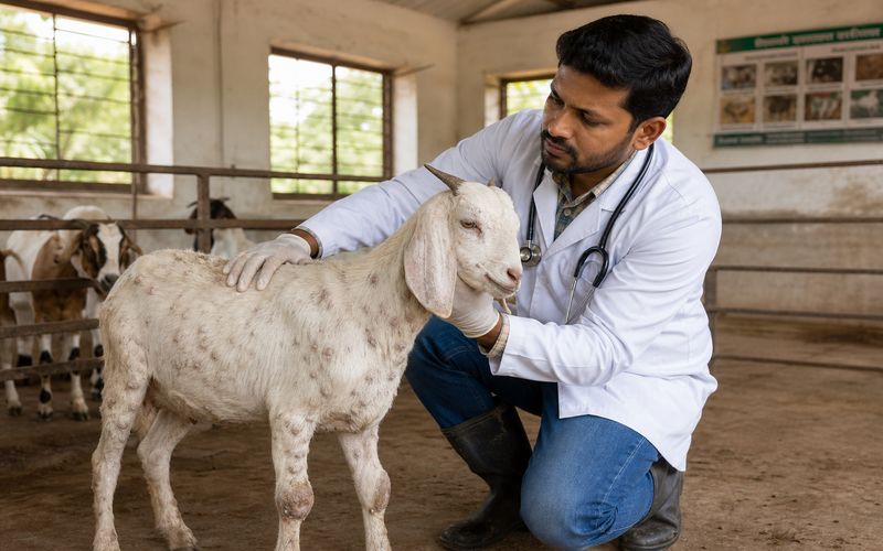 A goat showing signs of brucellosis on a farm with a veterinarian examining it