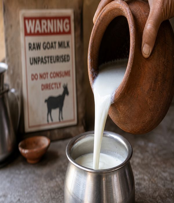 Unpasteurized goat milk being poured into a container showing zoonotic disease risk