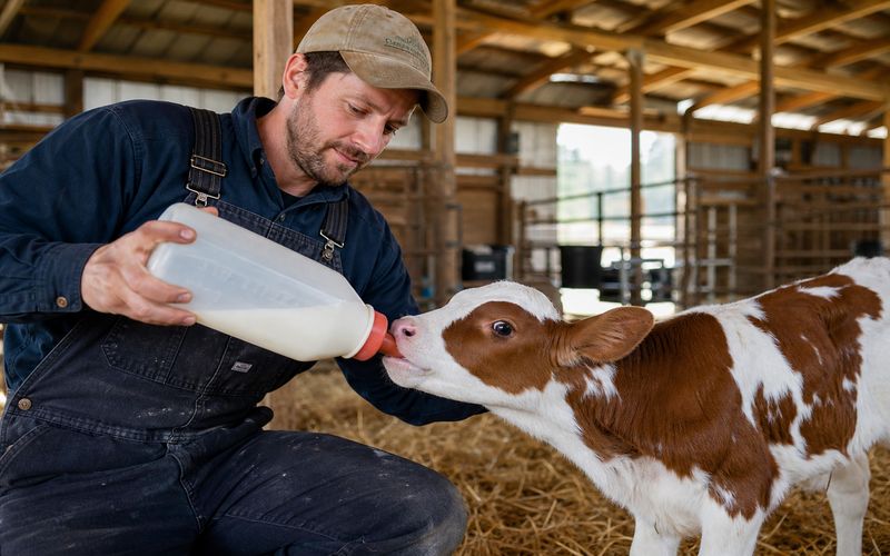 Dairy farmer feeding calf milk replacer to a young calf on a farm