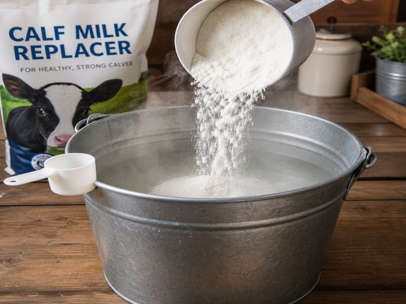Calf milk replacer powder being mixed with warm water in a feeding bucket