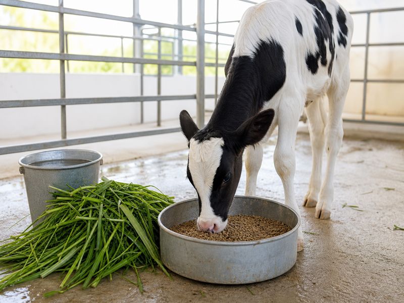Young calf eating calf starter feed from a trough alongside green fodder on a dairy farm