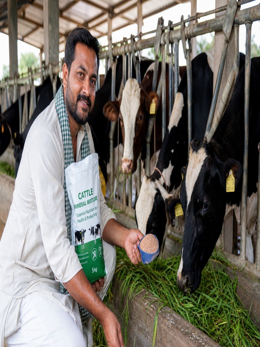 Farmer feeding mineral mixture and green fodder to dairy cattle to prevent mineral deficiency