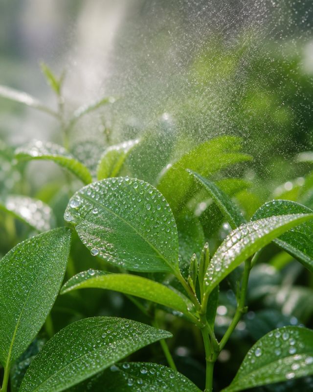 Positive charged fine spray droplets from electrostatic sprayer sticking to green plant leaves