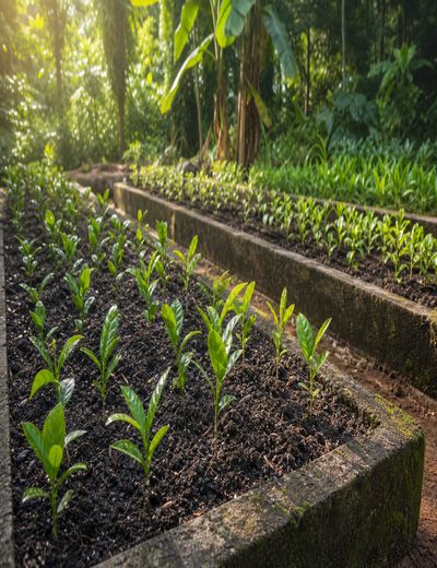 Chayera seedlings growing in prepared garden beds with organic soil