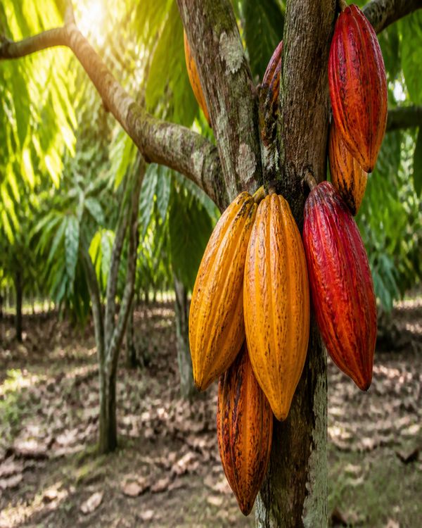 Cocoa pods on tree representing soaring global cocoa prices affecting Kerala farmers