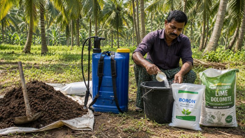 Boron fertilizer and lime application for coconut trees to improve nut size and kernel quality