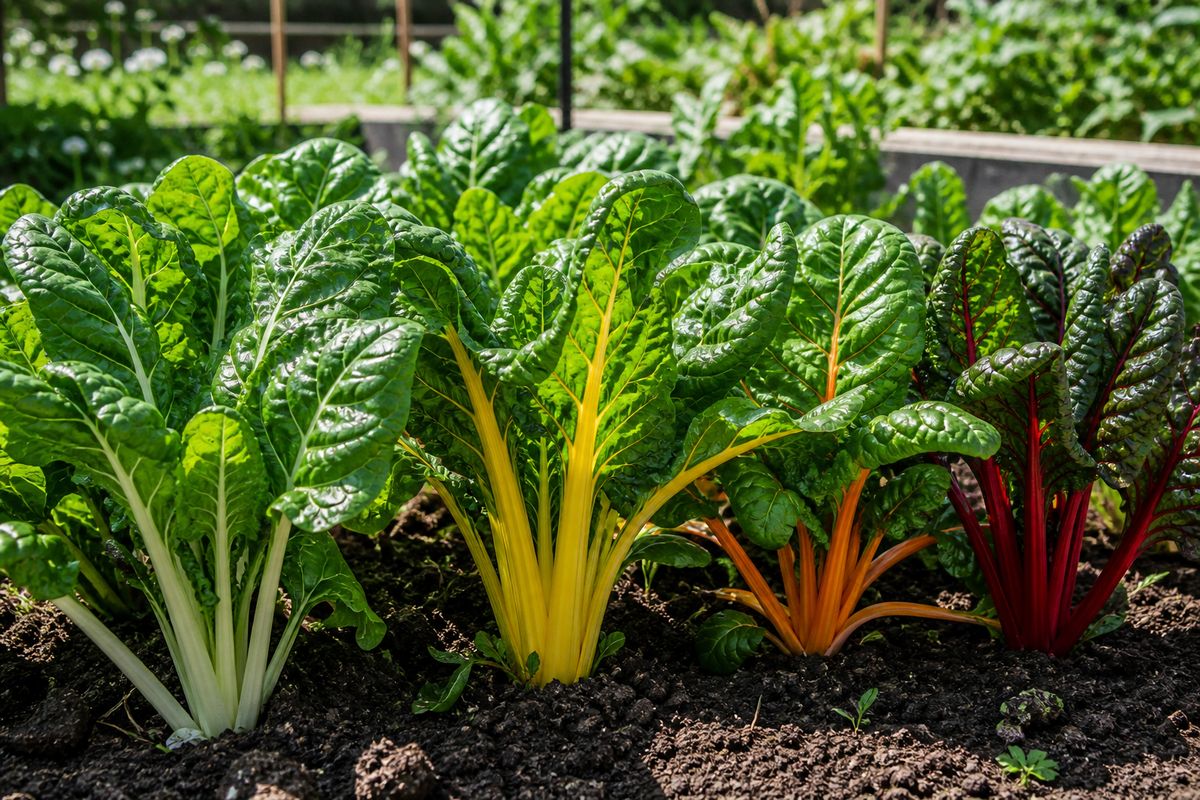 Colorful Swiss chard leafy green with red yellow orange and white stems growing in a sunny vegetable garden