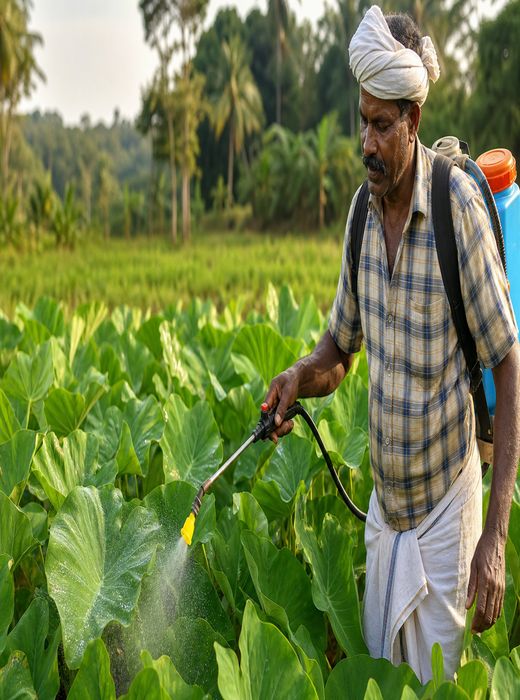 Farmer spraying CTCRI micronutrient mixture on Koorka Chinese Potato leaves in a field