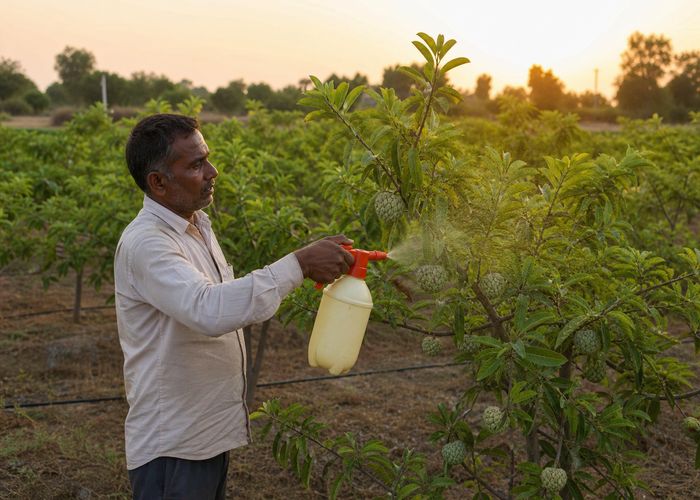 Farmer spraying neem-based solution on custard apple trees to control pest infestation