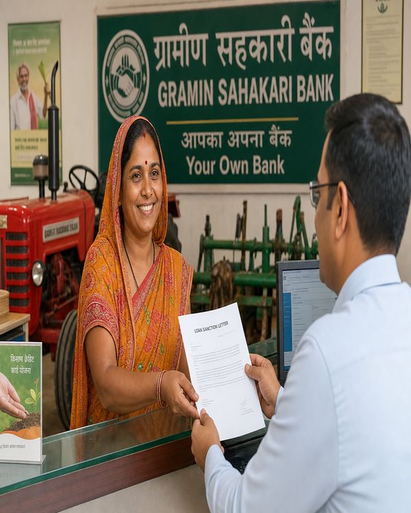 Farmer receiving agricultural loan assistance at a cooperative bank in India