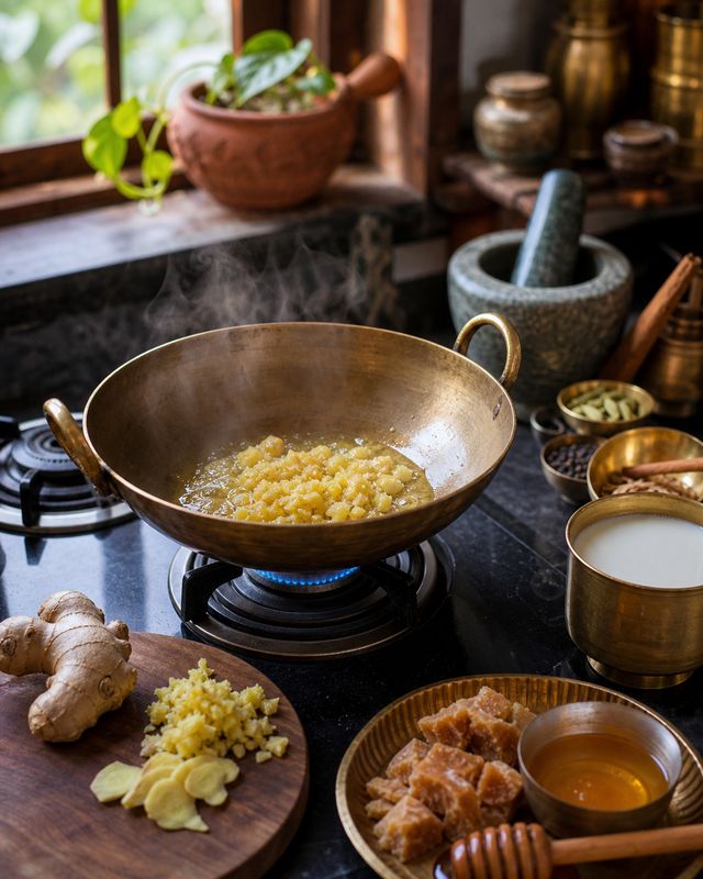 Traditional ginger home remedies with honey, milk, ghee and spices prepared in an Indian kitchen