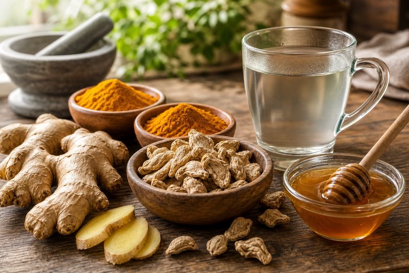 Fresh ginger and dried chukku used in traditional Ayurvedic home remedies for digestion and immunity