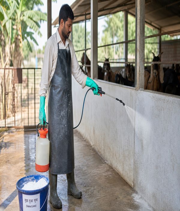 Farmer disinfecting a goat shed to prevent brucellosis spread on a rural farm