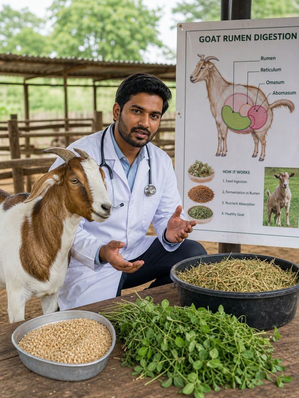 Goat nutrition and rumen digestion concept showing why egg protein is not fully available to goats