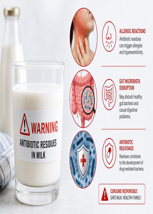 Infographic showing health risks of drinking milk with antibiotic residues including antibiotic resistance and gut disruption