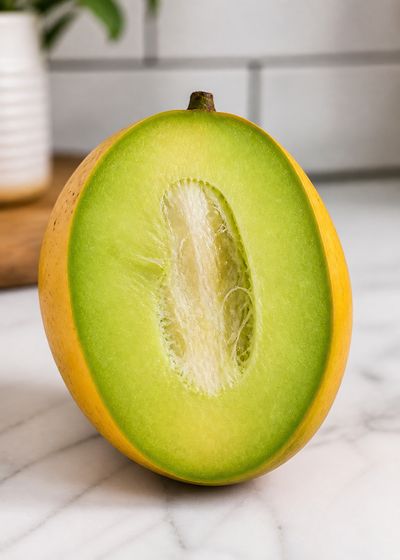 Cross section of a mango showing green inner flesh indicating carbide ripening