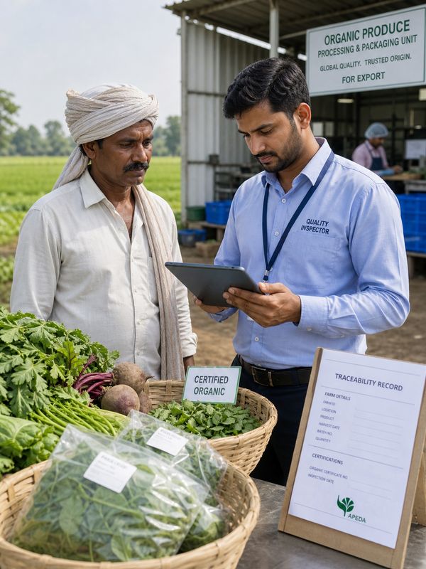 Indian farmer and quality inspector checking organic agricultural produce for export compliance