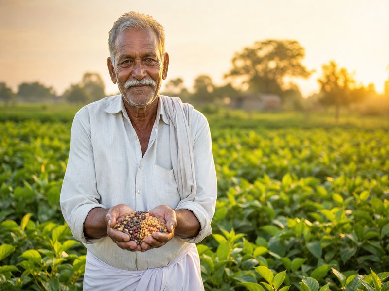 Indian farmer holding traditional seed varieties in a field