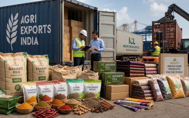 Indian agricultural products prepared for export to new global markets in shipping containers
