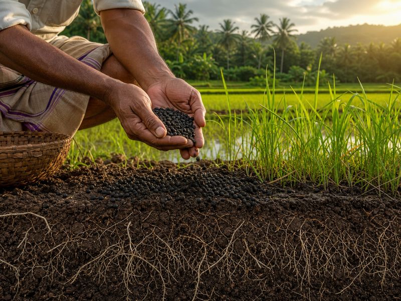 Kebayo Biopellets being applied to farm soil for soil enrichment and crop nutrition in an Indian agricultural field