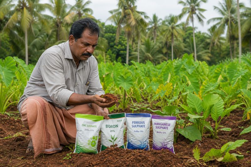 Kerala farmer checking acidic soil before applying micronutrients to crops