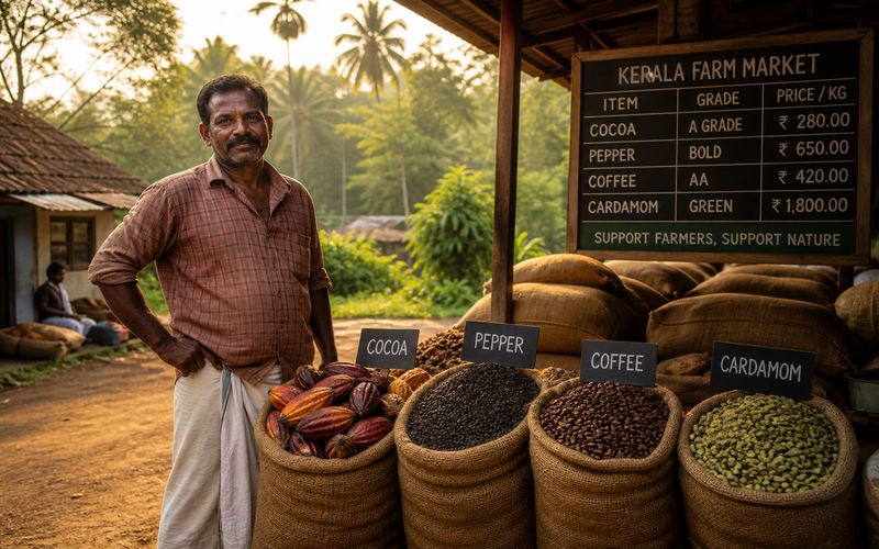 Kerala farmers reviewing commodity prices for cocoa, pepper, coffee and rubber
